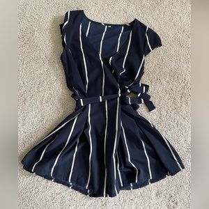 Blue and white Romper. Medium. Removable waist tie.